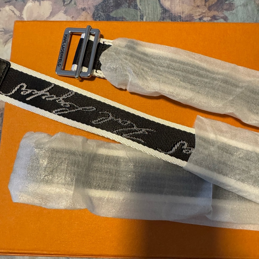Karl Lagerfeld Black and White Belt with Silver Buckle